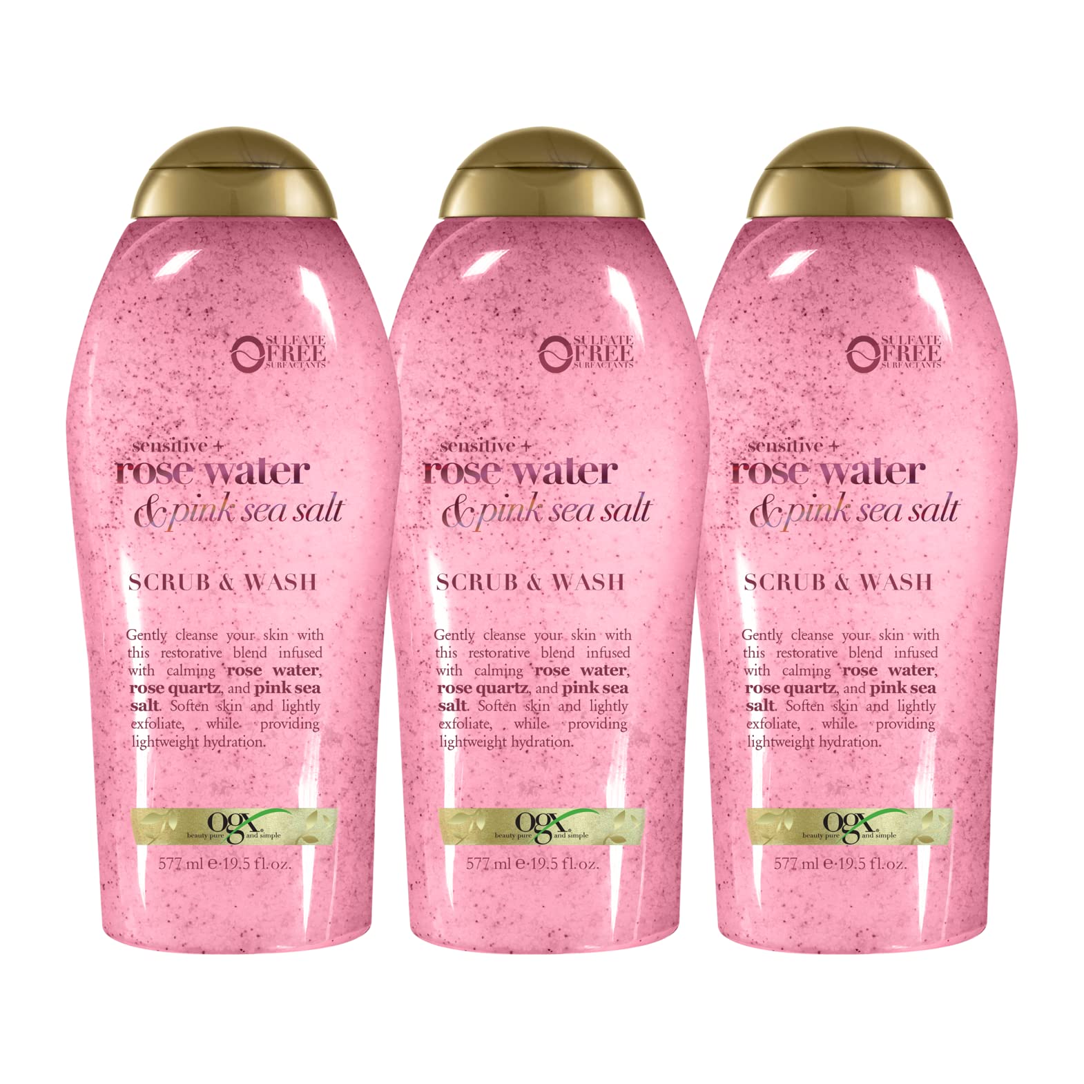 OGX Sensitive + Pink Sea Salt & Rosewater Sulfate-Free Soothing Body Scrub with Healing Rose Quartz, Gentle Exfoliating Daily Body Wash to Soften & Smooth Skin, 19.5 Fl Oz
